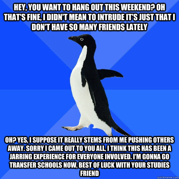 Hey, you want to hang out this weekend? Oh that's fine, I didn't mean to intrude it's just that I don't have so many friends lately Oh? Yes, I suppose it really stems from me pushing others away. Sorry I came out to you all, I think this has been a jarrin  Socially Awkward Penguin