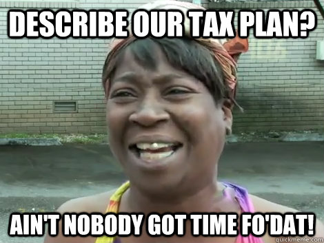 Describe our tax plan? Ain't Nobody Got Time Fo'Dat!   Sweet Brown Bronchitus