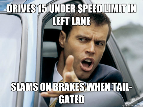drives 15 under speed limit in left lane slams on brakes when tail-gated  Asshole driver