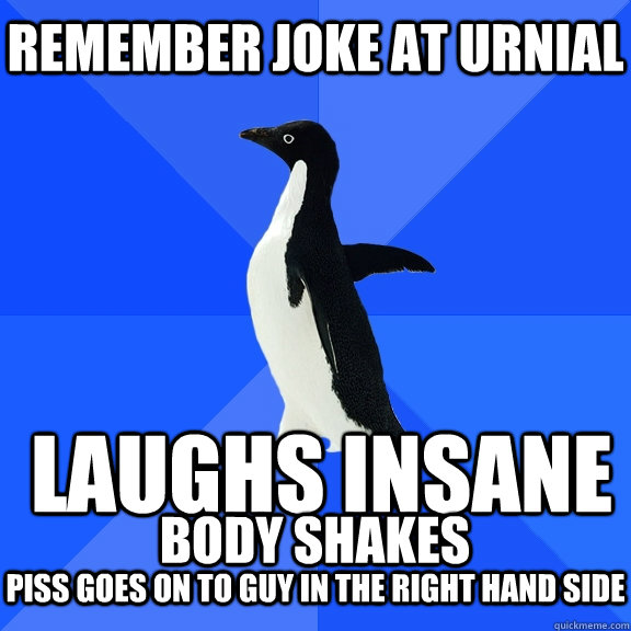 Remember joke at urnial  laughs insane body shakes piss goes on to guy in the right hand side  Socially Awkward Penguin