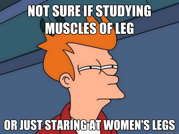 Not sure if studying muscles of leg Or just staring at women's legs  Futurama Fry