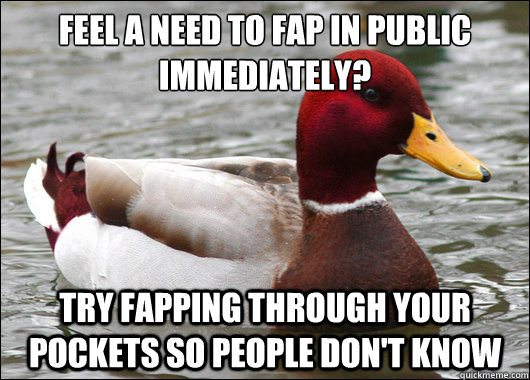 Feel a need to fap in public immediately?
 Try fapping through your pockets so people don't know   Malicious Advice Mallard
