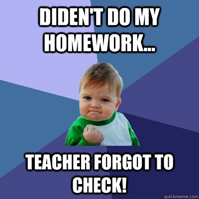 Diden't do my homework... teacher forgot to check!  Success Kid