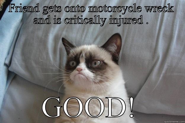 FRIEND GETS ONTO MOTORCYCLE WRECK AND IS CRITICALLY INJURED . GOOD! Grumpy Cat