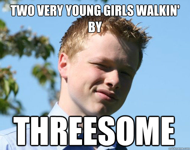 Two very young girls walkin' by Threesome  