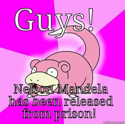 GUYS!  NELSON MANDELA HAS BEEN RELEASED FROM PRISON!  Slowpoke