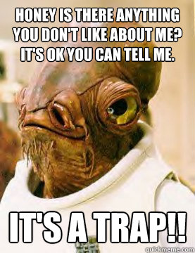 Honey is there anything you don't like about me? It's ok you can tell me. It's a trap!!  Admiral Akbar
