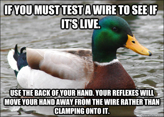 If you must test a wire to see if it's live. use the back of your hand. your reflexes will move your hand away from the wire rather than clamping onto it. - If you must test a wire to see if it's live. use the back of your hand. your reflexes will move your hand away from the wire rather than clamping onto it.  Actual Advice Mallard
