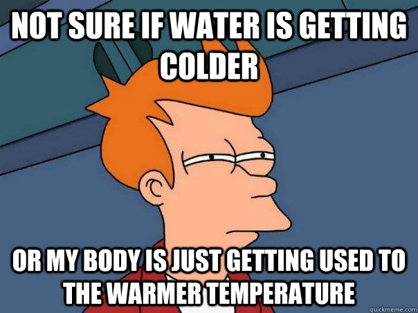 NOT SURE IF WATER IS GETTING COLDER OR MY BODY IS JUST GETTING USED TO THE WARMER TEMPERATURE  Futurama Fry