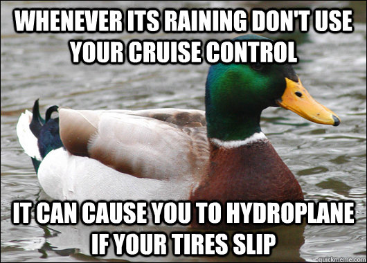 Whenever its raining don't use your Cruise Control It can cause you to hydroplane if your tires slip - Whenever its raining don't use your Cruise Control It can cause you to hydroplane if your tires slip  Actual Advice Mallard
