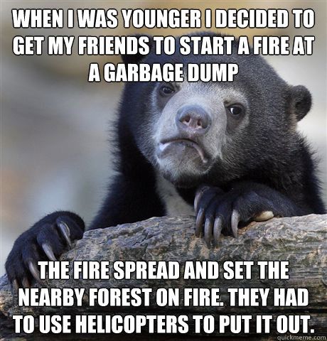 When I was younger I decided to get my friends to start a fire at a garbage dump The fire spread and set the nearby forest on fire. They had to use helicopters to put it out.  Confession Bear
