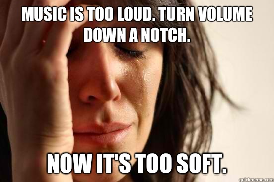 Music is too loud. Turn volume down a notch. Now it's too soft.  First World Problems