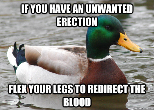 if you have an unwanted erection flex your legs to redirect the blood - if you have an unwanted erection flex your legs to redirect the blood  Actual Advice Mallard