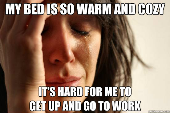 MY BED IS SO WARM AND COZY IT'S HARD FOR ME TO
GET UP AND GO TO WORK  First World Problems