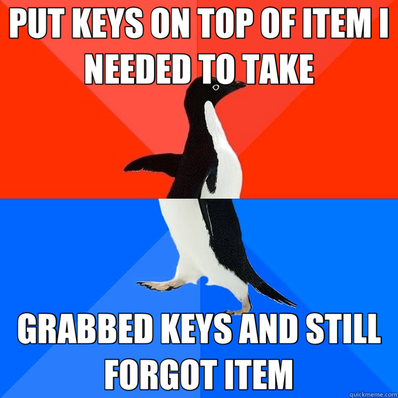 PUT KEYS ON TOP OF ITEM I NEEDED TO TAKE GRABBED KEYS AND STILL FORGOT ITEM  Socially Awesome Awkward Penguin