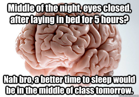 Middle of the night, eyes closed, after laying in bed for 5 hours? Nah bro, a better time to sleep would be in the middle of class tomorrow.   Scumbag Brain