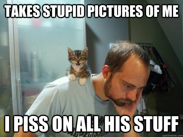 Takes stupid pictures of me I piss on all his stuff  