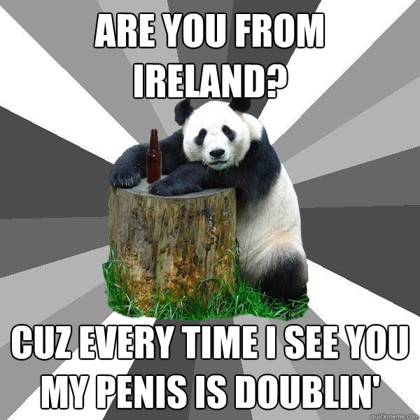 Are you from 
ireland? Cuz every time i see you
my penis is Doublin'  Pickup-Line Panda