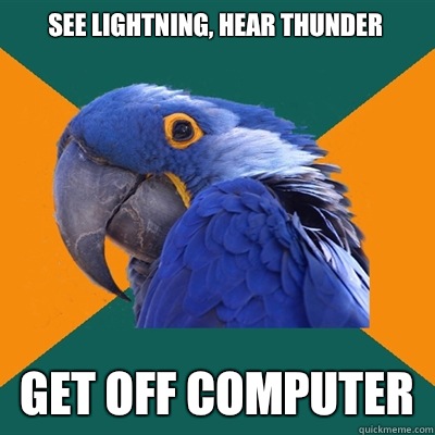 See lightning, hear thunder Get off computer  Paranoid Parrot