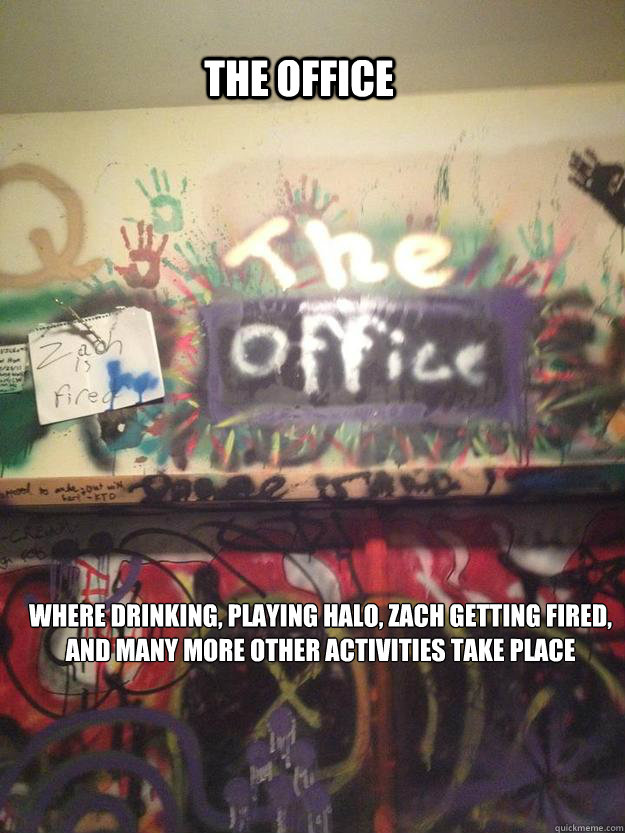 THE OFFICE Where drinking, playing halo, zach getting fired, and many more other activities take place  