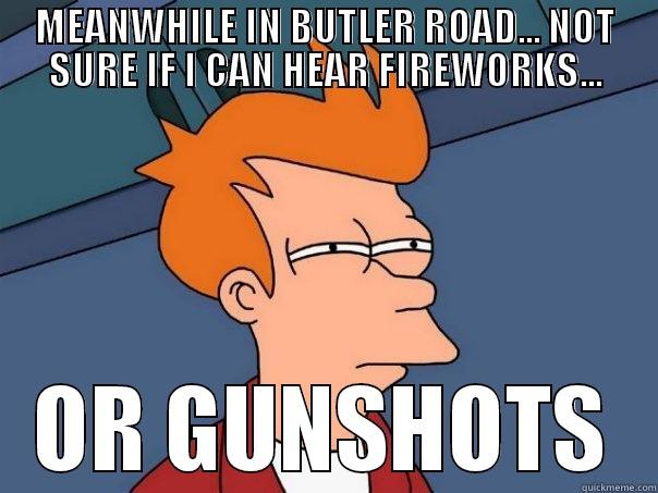 MEANWHILE IN BUTLER ROAD... NOT SURE IF I CAN HEAR FIREWORKS... OR GUNSHOTS Futurama Fry