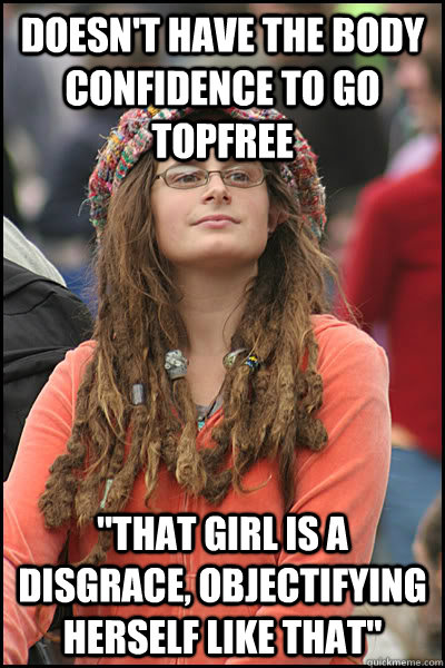 Doesn't have the body confidence to go topfree 