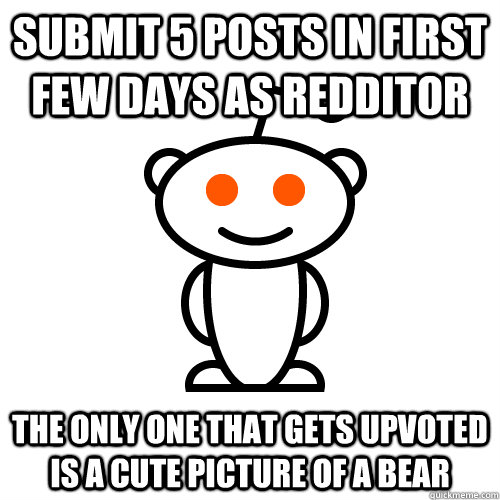submit 5 posts in first few days as redditor the only one that gets upvoted is a cute picture of a bear - submit 5 posts in first few days as redditor the only one that gets upvoted is a cute picture of a bear  Redditor
