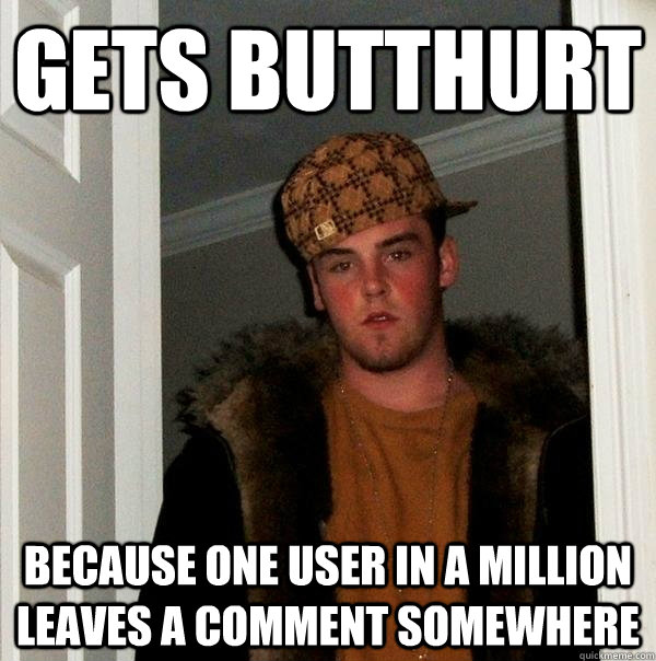 Gets butthurt because one user in a million leaves a comment somewhere - Gets butthurt because one user in a million leaves a comment somewhere  Scumbag Steve