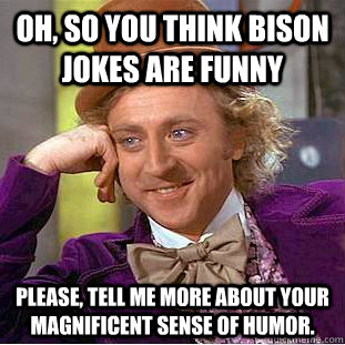 oh, So you think Bison jokes are funny Please, tell me more about your Magnificent sense of humor.  Psychotic Willy Wonka