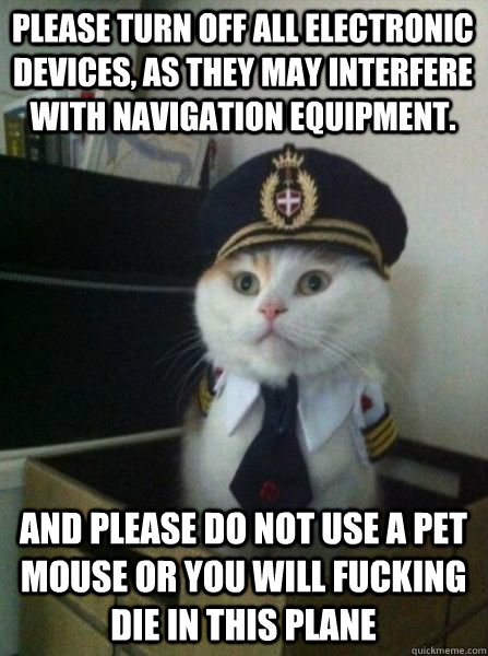 Please turn off all electronic devices, as they may interfere with navigation equipment. And please do not use a pet mouse or you will fucking die in this plane  Captain kitteh