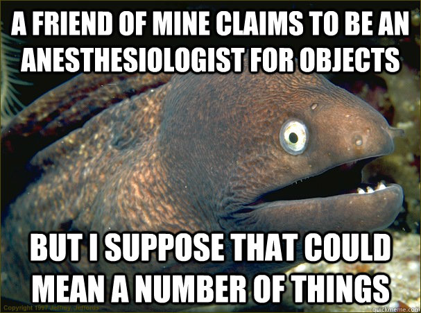 a friend of mine claims to be an anesthesiologist for objects but I suppose that could mean a number of things  Bad Joke Eel