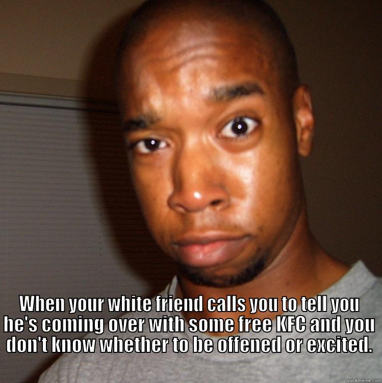  WHEN YOUR WHITE FRIEND CALLS YOU TO TELL YOU HE'S COMING OVER WITH SOME FREE KFC AND YOU DON'T KNOW WHETHER TO BE OFFENED OR EXCITED.                                                                                         Misc