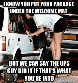 I know you put your package under the welcome mat But we can say the UPS guy did it if that's what you're into  Karma Whore