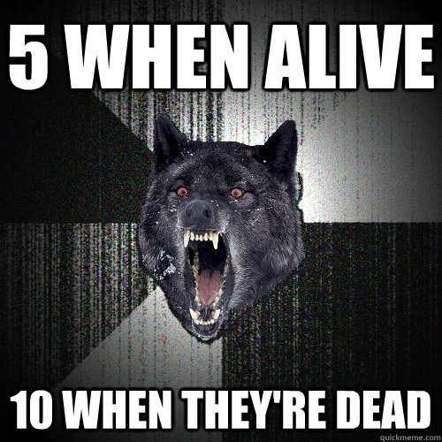 5 when alive 10 when they're dead  Insanity Wolf