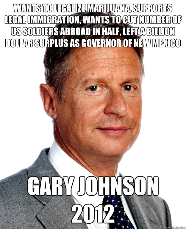 Wants to legalize marijuana, supports legal immigration, wants to cut number of US soldiers abroad in half, Left a billion dollar surplus as governor of New Mexico gary Johnson 2012  