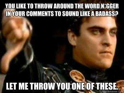 You like to throw around the word N*gger in your comments to sound like a badass? Let me throw you one of these.  Downvoting Roman