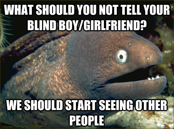 What should you not tell your blind boy/girlfriend? We should start seeing other people  Bad Joke Eel