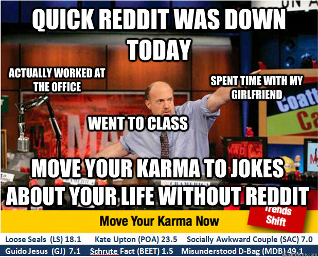QUICK REDDIT WAS DOWN TODAY MOVE YOUR KARMA TO JOKES ABOUT YOUR LIFE WITHOUT REDDIT ACTUALLY WORKED AT THE OFFICE SPENT TIME WITH MY GIRLFRIEND WENT TO CLASS  Jim Kramer with updated ticker
