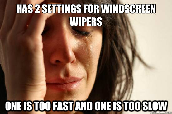 has 2 settings for windscreen wipers One is too fast and one is too slow  First World Problems