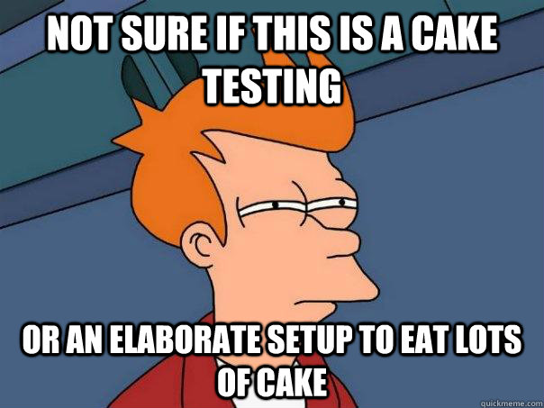 not sure if this is a cake testing or an elaborate setup to eat lots of cake  Futurama Fry