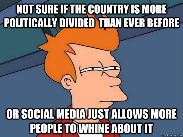 Not sure if the country is more politically divided  than ever before Or Social media just allows more people to whine about it  Futurama Fry