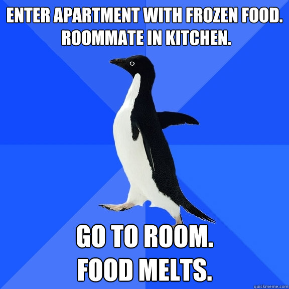 enter apartment with frozen food.
 roommate in kitchen. go to room.
food melts.   Socially Awkward Penguin