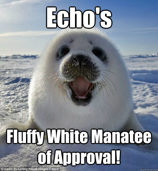 Echo's Fluffy White Manatee of Approval!  Easily Pleased Seal