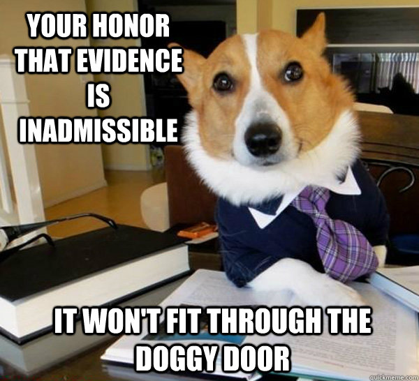 Your honor that evidence is inadmissible It won't fit through the doggy door - Your honor that evidence is inadmissible It won't fit through the doggy door  Lawyer Dog