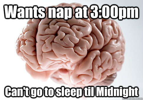 Wants nap at 3:00pm Can't go to sleep til Midnight  Scumbag Brain
