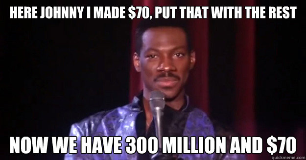 Here Johnny I made $70, put that with the rest Now we have 300 million and $70 - Here Johnny I made $70, put that with the rest Now we have 300 million and $70  Eddie Murphy Raw