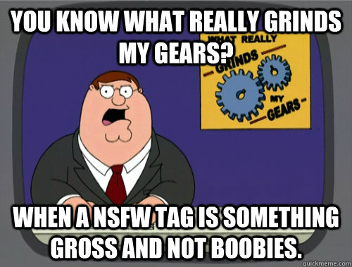 you know what really grinds my gears? When a NSFW tag is something gross and not boobies. - you know what really grinds my gears? When a NSFW tag is something gross and not boobies.  You know what really grinds my gears