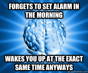 Forgets to set alarm in the morning Wakes you up at the exact same time anyways  Good Guy Brain