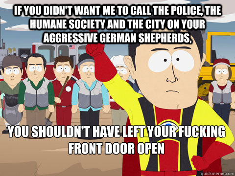 If you didn't want me to call the police, the humane society and the city on your aggressive german shepherds, You shouldn't have left your fucking front door open  Captain Hindsight