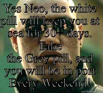 YES NEO, THE WHITE PILL WILL KEEP YOU AT SEA FOR 30+ DAYS. TAKE THE GREY PILL, AND YOU WILL BE IN PORT EVERY WEEKEND! Matrix Morpheus